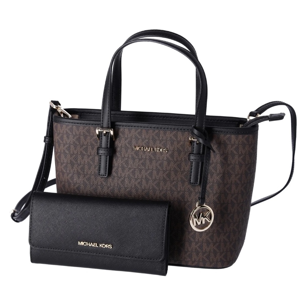 Michael Kors Jet Set XS Carryall Tote Brown MK Logo Signature + Black Wallet - Picture 2 of 10